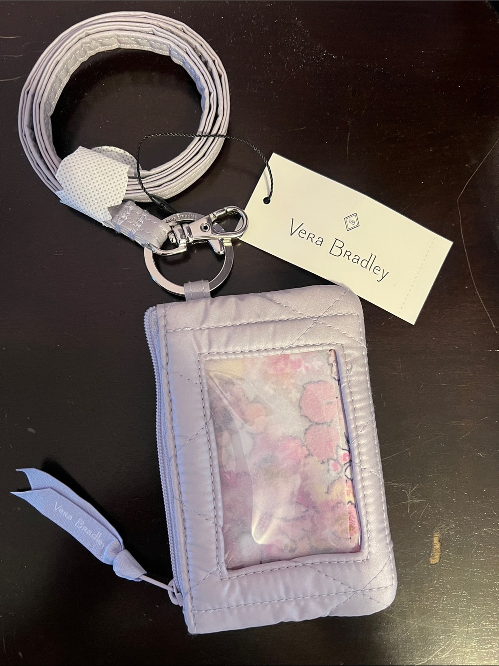 Vera Bradley Lavender Quilted ID Case with Lanyard and Swivel Clip